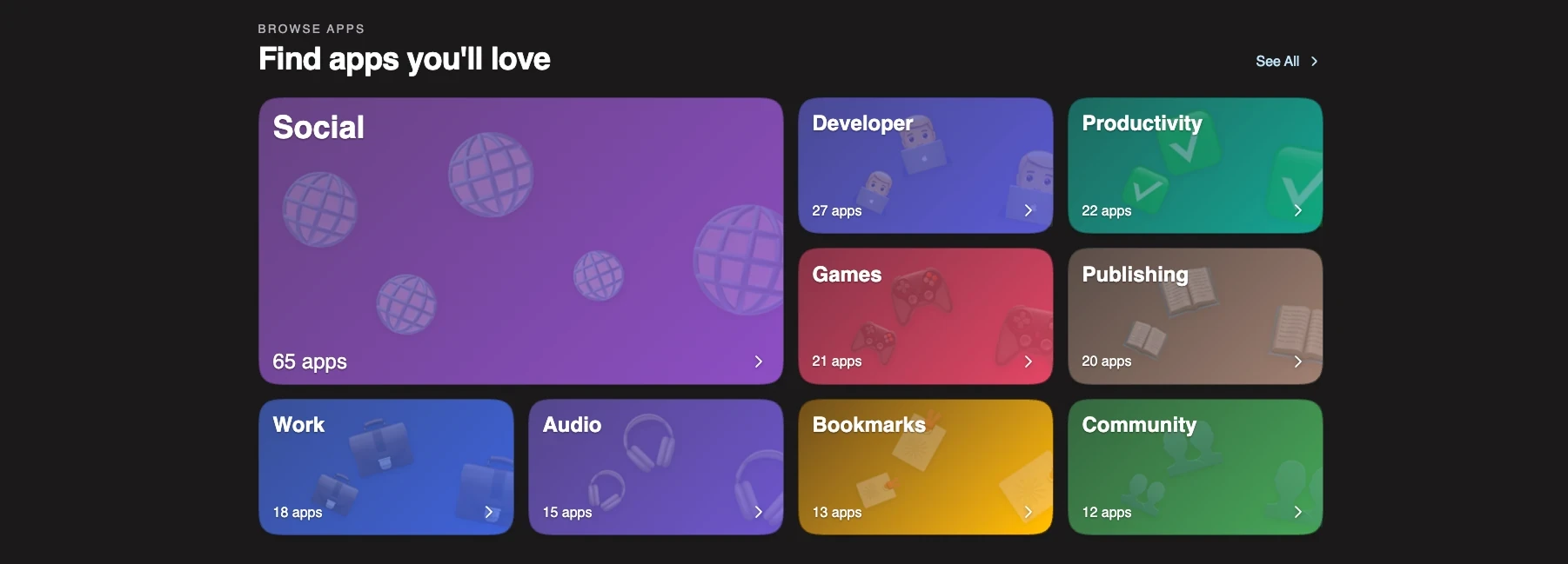 A screenshot of a dark app directory page headed “Find apps you'll love”, with colourful category tiles: Social with 65 apps, Developer with 27, Productivity with 22, Games with 21, Publishing with 20, Work with 18, Audio with 15, Bookmarks with 13 and Community with 12.